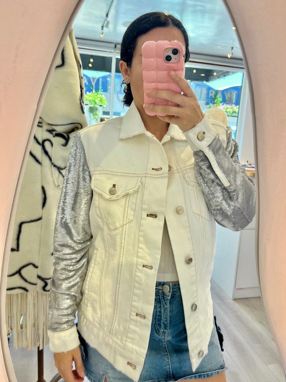 IRO White Denim Jacket with Silver Sequin Sleeves